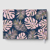 Roze, gouden tropische bladeren, marineblauwe brui gastenboek (Achterkant)