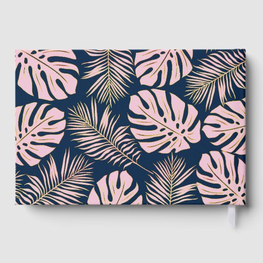 Roze, gouden tropische bladeren, marineblauwe brui gastenboek (Achterkant)