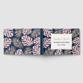 Roze, gouden tropische bladeren, marineblauwe brui gastenboek (Volledig)