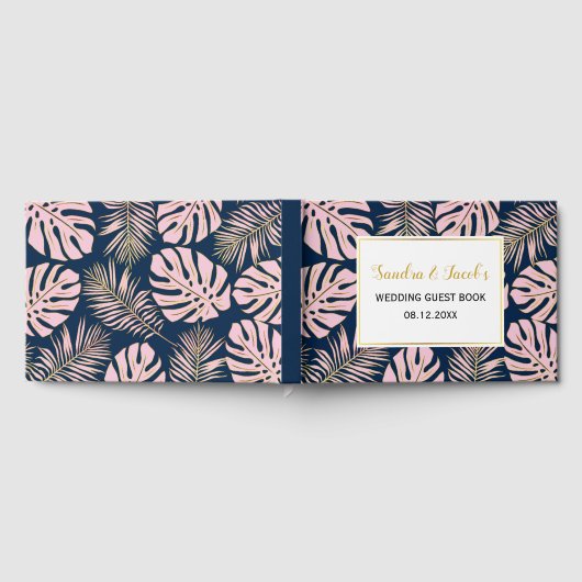Roze, gouden tropische bladeren, marineblauwe brui gastenboek (Volledig)
