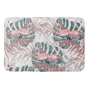 Roze Gouden Tropische Flamingo's Bladeren & Marmer Badmat