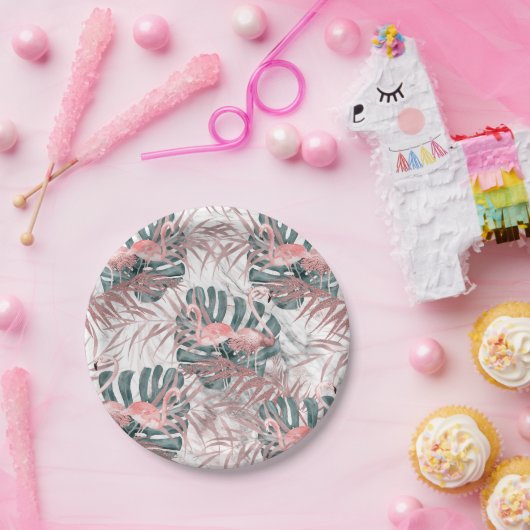 Roze Gouden Tropische Flamingo's Bladeren & Marmer Papieren Bordje (Feest)