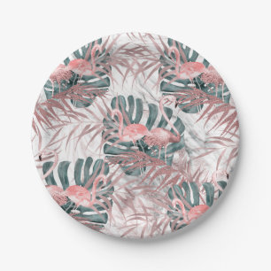 Roze Gouden Tropische Flamingo's Bladeren & Marmer Papieren Bordje