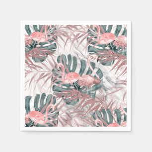 Roze Gouden Tropische Flamingo's Bladeren & Marmer Servet