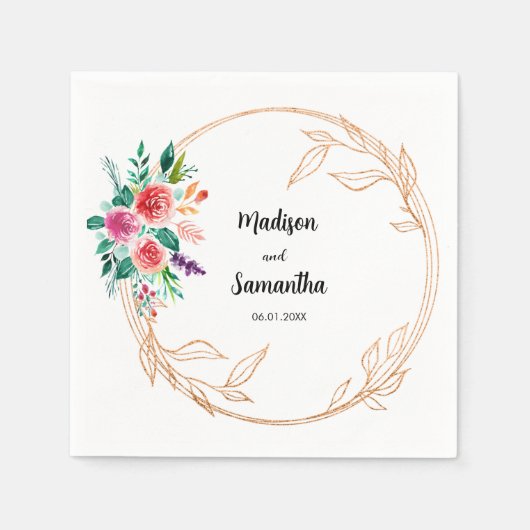 Roze Gouden Trouw Bloemige Servetten (Voorkant)