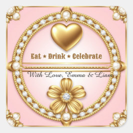 🌹 Roze Gouden Trouw Hart Viering 💍 Vierkante Sticker