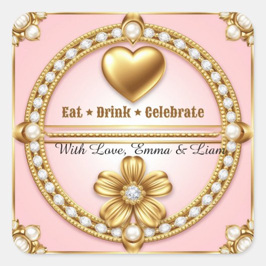 🌹 Roze Gouden Trouw Hart Viering 💍 Vierkante Sticker (Voorkant)