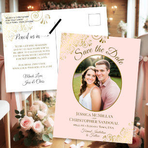 Roze & Gouden Trouw Save the Date Ovale Foto Aankondigingskaart