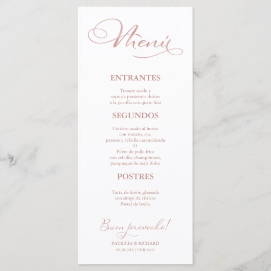 Roze Gouden Trouwmenu Spaanse Formulering Menu (Voorkant)