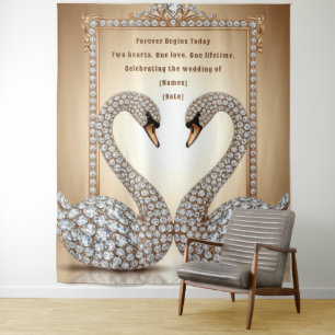 Roze gouden Trouwzwanen Liefdesboog Ontwerp Wandkleed