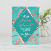 Roze Gouden Turkoois Groen Marmer Diamanten Bruids Kaart (Staand voorkant)