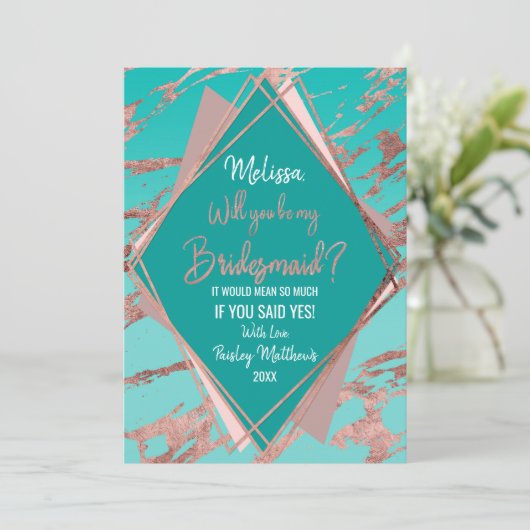 Roze Gouden Turkoois Groen Marmer Diamanten Bruids Kaart (Staand voorkant)
