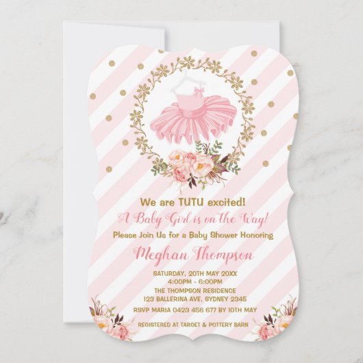Roze Gouden Tutu Baby Shower Uitnodiging Ballerina (Voorkant)