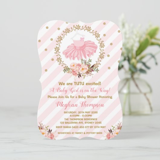 Roze Gouden Tutu Baby Shower Uitnodiging Ballerina (Staand voorkant)