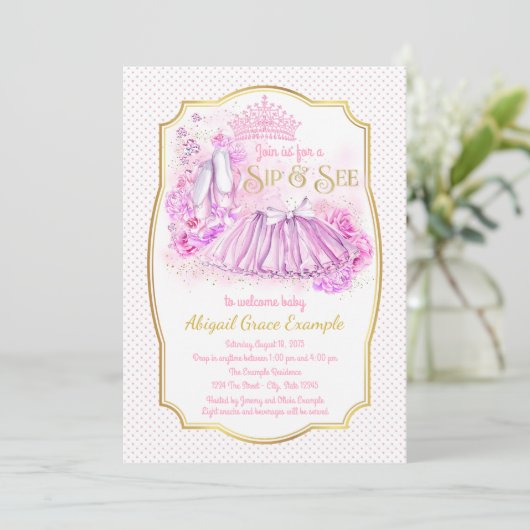 Roze Gouden Tutu Prinses Sip en Bekijk Uitnodiging (Staand voorkant)