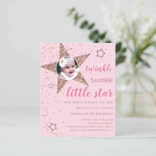 Roze & Gouden Twinkle Star 1e Verjaardag uitnodigi (Staand voorkant)