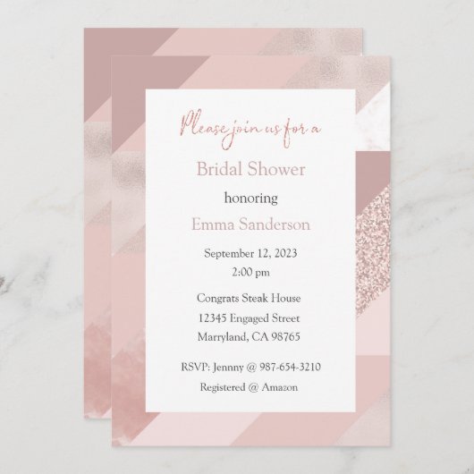 Roze Gouden Uitnodiging, Bruiloft, Baby, Verjaarda Kaart (Voorkant / Achterkant)