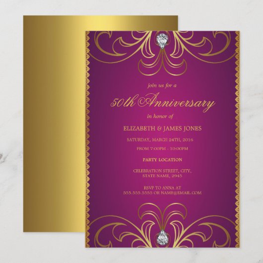 Roze & Gouden Uitnodiging voor 50ste Huwelijksjubi (Voorkant / Achterkant)