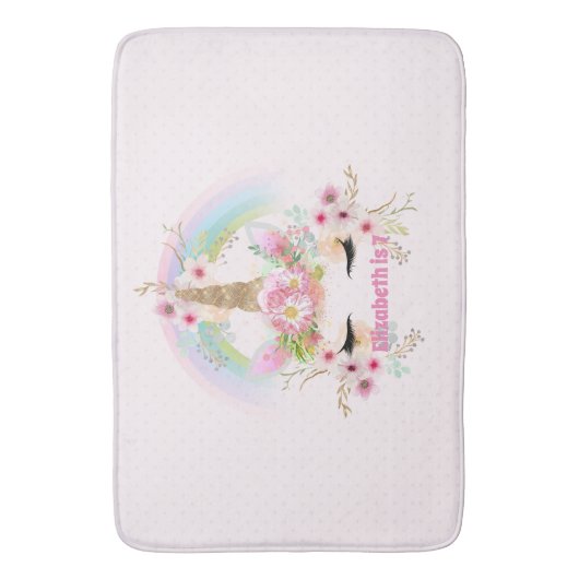 Roze Gouden UNICORN Regenboog Bloemen Meisjes NAAM Badmat (Voorkant Verticaal)