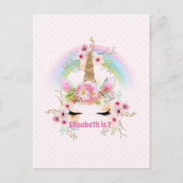 Roze Gouden UNICORN Regenboog Bloemen Meisjes NAAM Briefkaart
