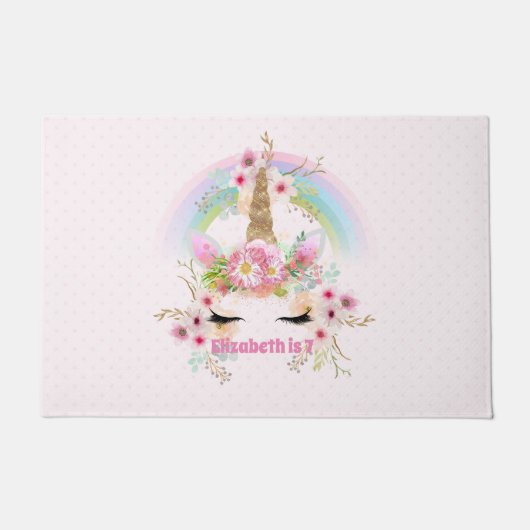 Roze Gouden UNICORN Regenboog Bloemen Meisjes NAAM Deurmat (Voorkant)