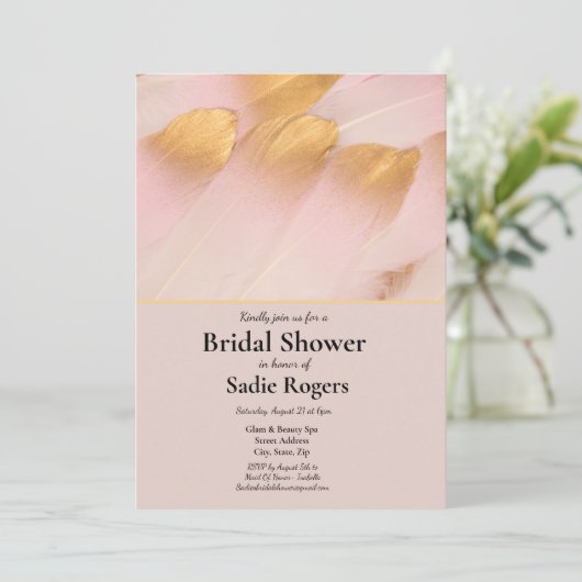 Roze & Gouden Veren Bruidsdouche Kaart (Staand voorkant)