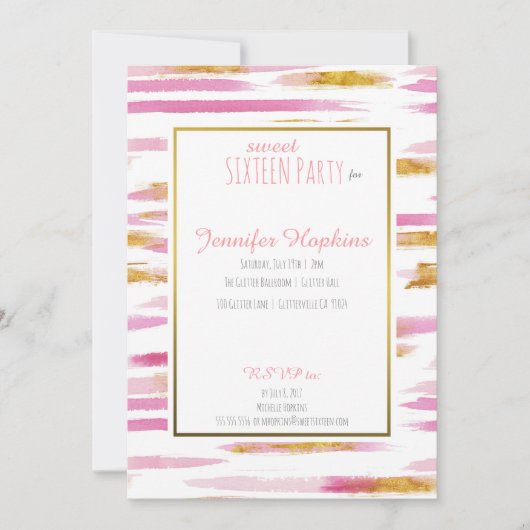 Roze & Gouden Verf Strepen Feestuitnodigingen Kaart (Voorkant)