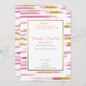 Roze & Gouden Verf Strepen Feestuitnodigingen Kaart (Voorkant / Achterkant)