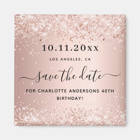 Roze gouden verjaardags save the date magneet (Voorkant)