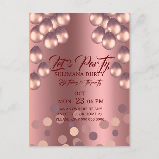 Roze Gouden Verjaardags Uitnodiging Template: Late (Voorkant)