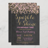 Roze gouden verjaardagsuitnodiging met glitters en kaart (Voorkant / Achterkant)