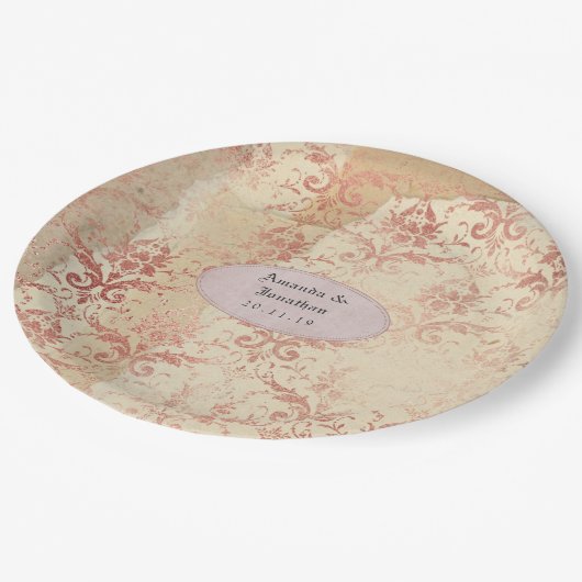 Roze Gouden Vervallen Damast Bruiloft Papieren Bordje (Gekanteld)