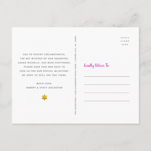 Roze gouden vleermuis Mitswa Verandering van Plann Uitnodiging Briefkaart (Achterkant)