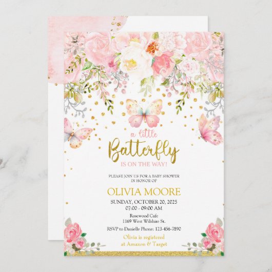 Roze & Gouden vlinder baby shower uitnodiging (Voorkant / Achterkant)