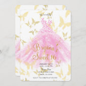 Roze & Gouden Vlinder Dansjurk Sweet 16 Feest Kaart (Voorkant / Achterkant)