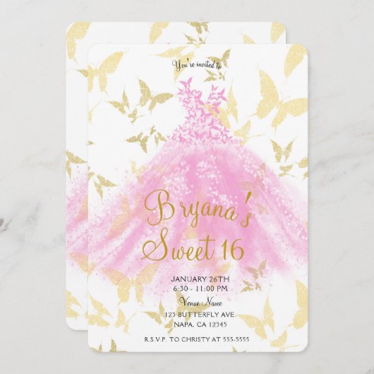 Roze & Gouden Vlinder Dansjurk Sweet 16 Feest Kaart (Voorkant / Achterkant)
