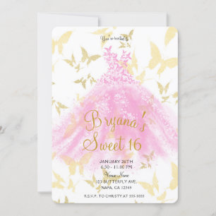 Roze & Gouden Vlinder Dansjurk Sweet 16 Feestjurk Kaart