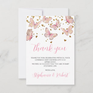 Roze & Gouden Vlinder Kusjes Baby Shower  Bedankkaart
