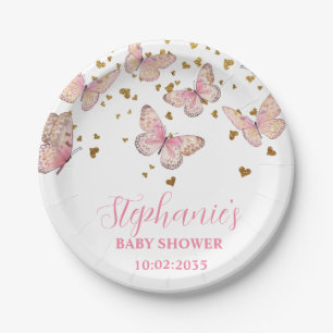 Roze & Gouden Vlinder Kusjes Baby Shower  Papieren Bordje