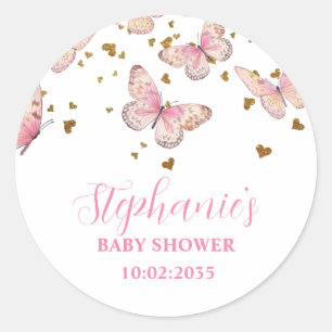 Roze & Gouden Vlinder Kusjes Baby Shower  Ronde Sticker