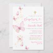 Roze Gouden Vlinder Minimalistisch Doopsel Meisje Kaart (Voorkant)