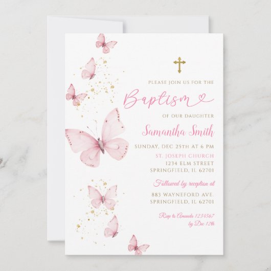 Roze Gouden Vlinder Minimalistisch Doopsel Meisje Kaart (Voorkant)