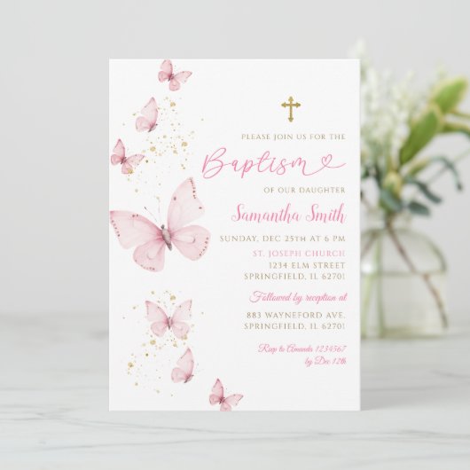 Roze Gouden Vlinder Minimalistisch Doopsel Meisje Kaart (Staand voorkant)
