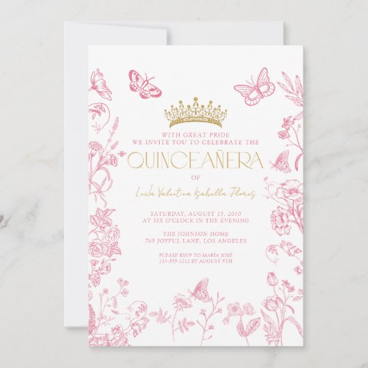 Roze Gouden Vlinder Quinceañera QR Mis Quince Años Kaart (Voorkant)