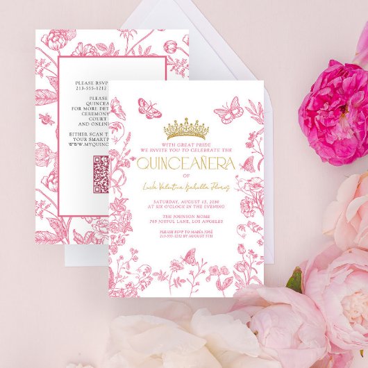 Roze Gouden Vlinder Quinceañera QR Mis Quince Años Kaart