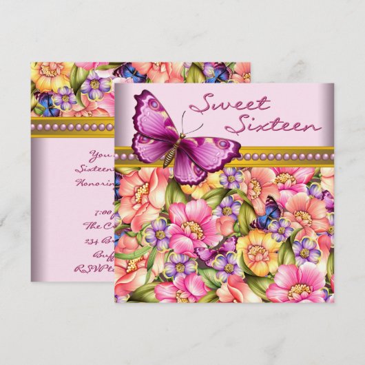 Roze Gouden Vlinder Roze Gouden Sweet 16 Verjaarda Kaart (Voorkant / Achterkant)