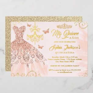Roze Gouden Vlinder Tiara Jurk Quinceanera Folie Uitnodiging