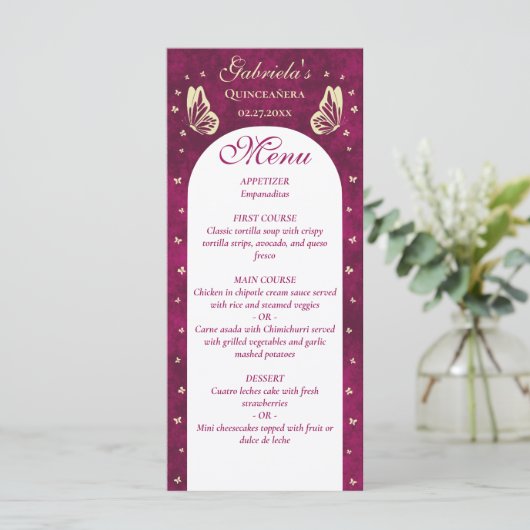 Roze Gouden Vlinders Quinceañera Meisje Verjaardag Menu (Staand voorkant)