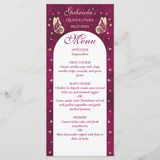Roze Gouden Vlinders Quinceañera Meisje Verjaardag Menu (Voorkant)