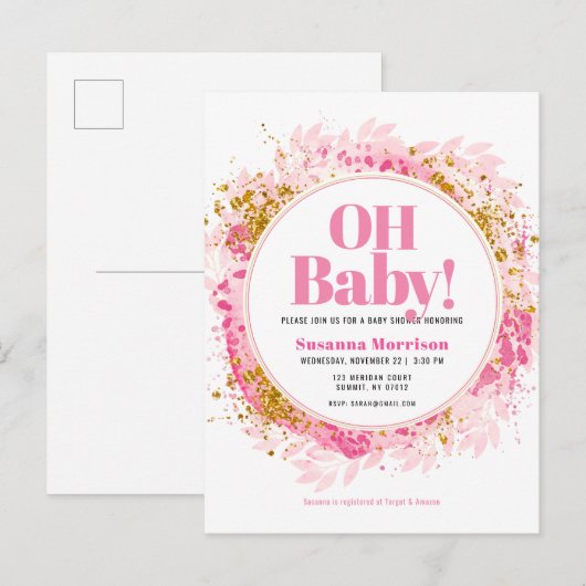 Roze gouden Waterverf Baby Girl Shower Uitnodiging Briefkaart (Voorkant / Achterkant)